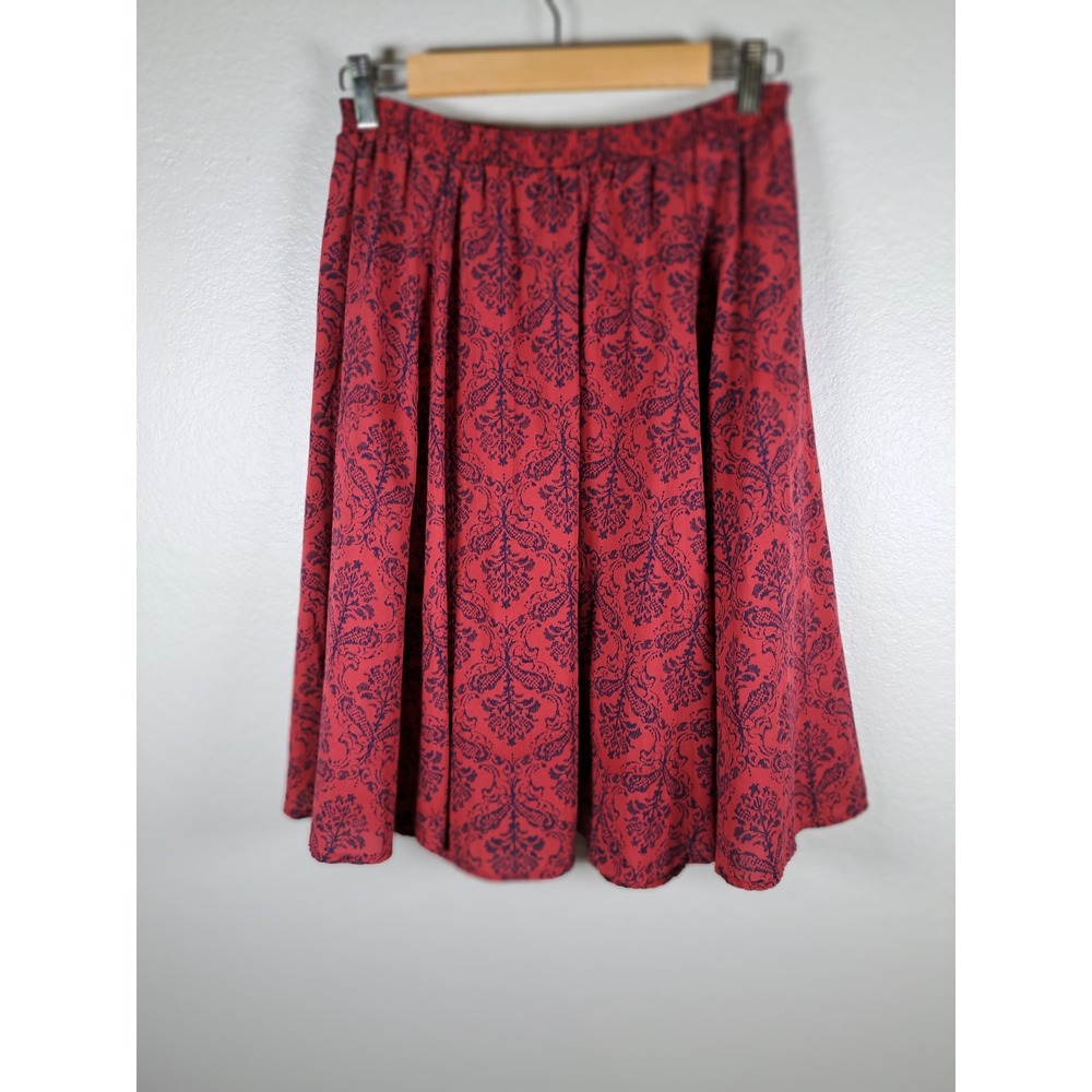 Alya Red Navy Damask Midi Skirt Womens Medium Elastic Waist A-Line Made in USA